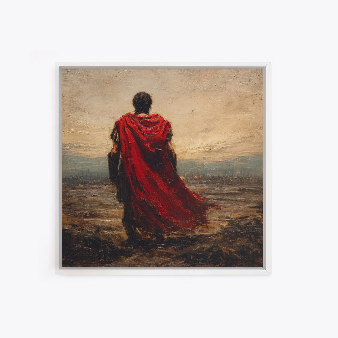 Red Cloaked Roman Warrior Framed Canvas Print, Ancient Battlefield Oil Painting, Classical Landscape Wall Art For Office