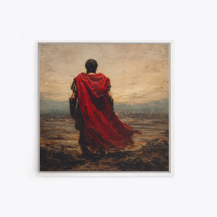 Red Cloaked Roman Warrior Framed Canvas Print, Ancient Battlefield Oil Painting, Classical Landscape Wall Art For Office