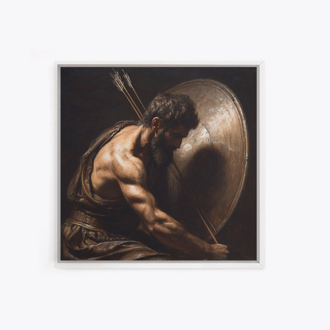 Bearded Warrior With Shield Wall Art, Classical Figurative Oil Painting, Dark Masculine Decor, Gift For Him, Office Decor