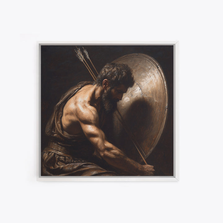 Bearded Warrior With Shield Wall Art, Classical Figurative Oil Painting, Dark Masculine Decor, Gift For Him, Office Decor