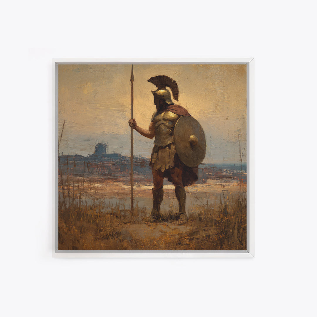 Spartan Guard With Spear And Shield Canvas Print, Greek Warrior Landscape, Ancient History Wall Decor, Masculine Office Art