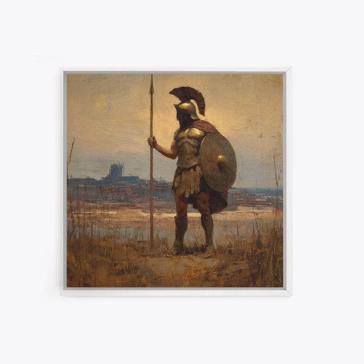 Spartan Guard With Spear And Shield Canvas Print, Greek Warrior Landscape, Ancient History Wall Decor, Masculine Office Art