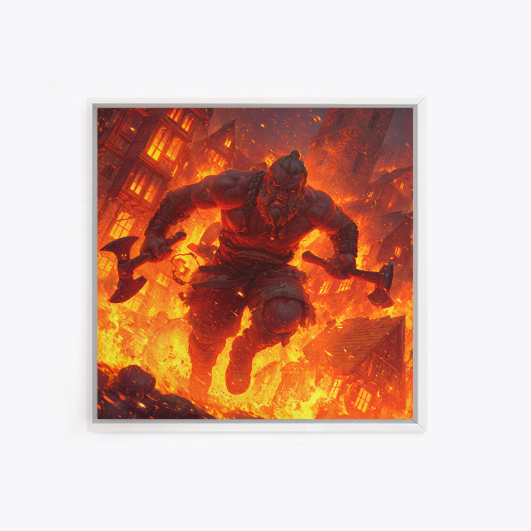 Fire Giant Berserker With Axes Wall Art, Dark Fantasy Canvas, Mythological Warrior Print, Gaming Room Decor, Gift For Him