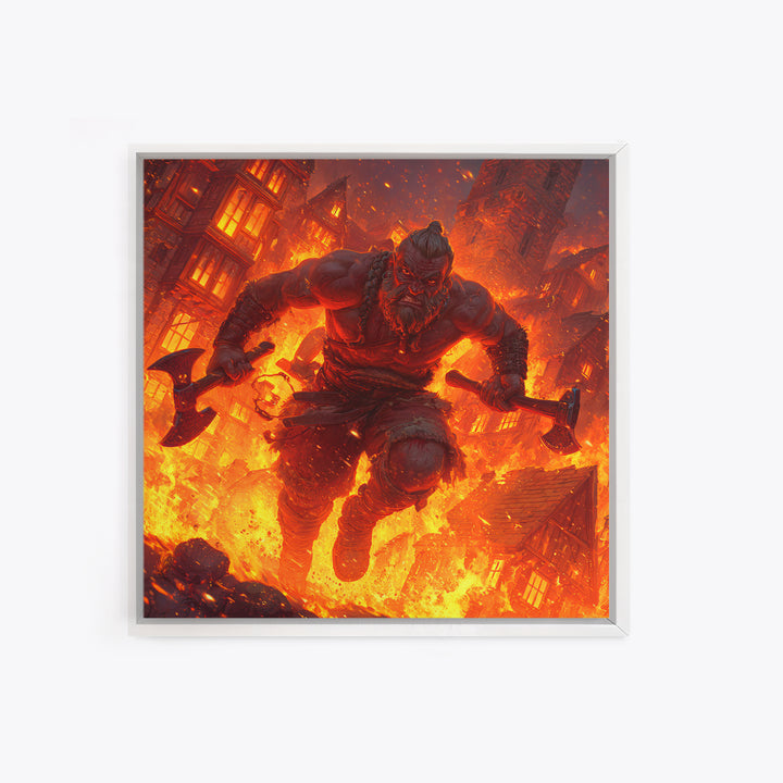 Fire Giant Berserker With Axes Wall Art, Dark Fantasy Canvas, Mythological Warrior Print, Gaming Room Decor, Gift For Him