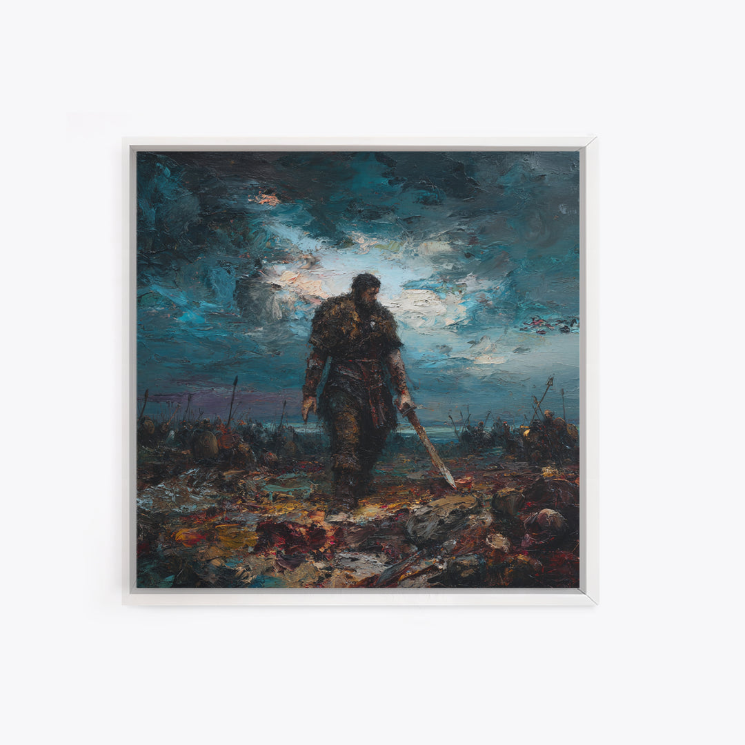 Brooding Warrior With Sword On Stormy Battlefield Canvas Print, Dark Fantasy Art, Masculine Office Decor, Gift For Him, Wall Decor
