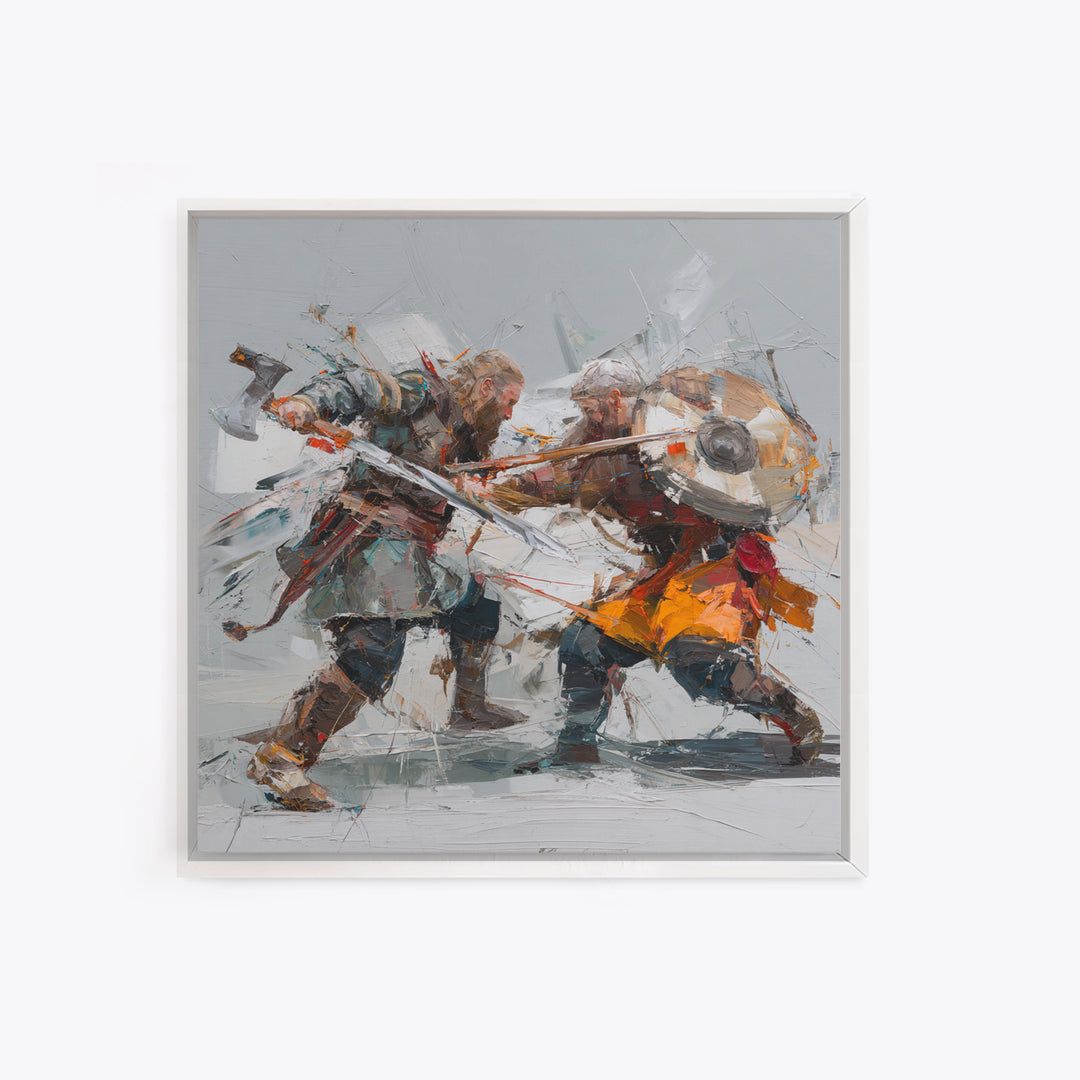 Viking Duel With Swords And Shields Canvas Print, Abstract Warrior Battle Painting, Dynamic Modern Wall Art For Game Room
