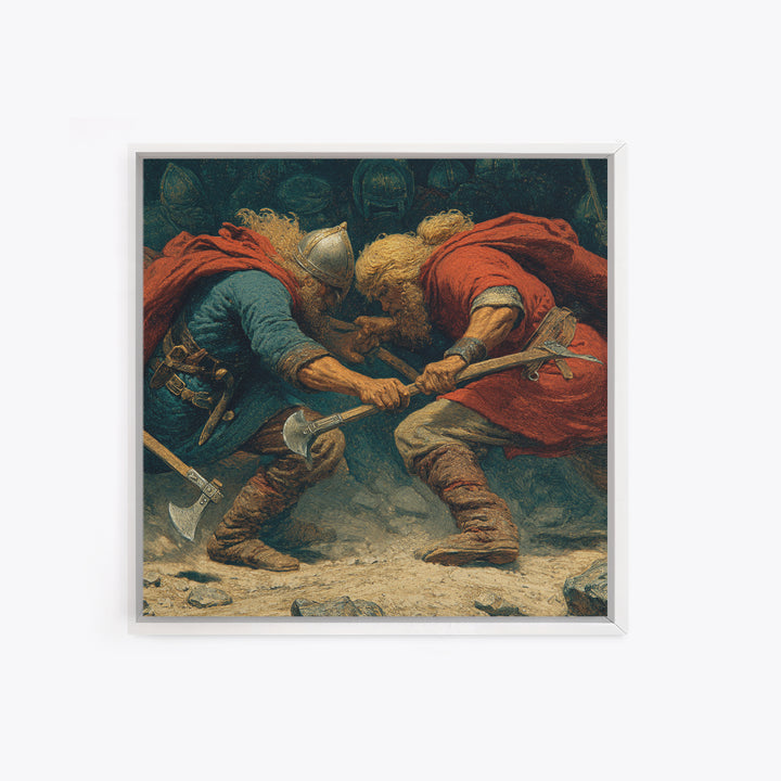 Clashing Viking Warriors With Axes Wall Art, Nordic Battle Painting, Historical Canvas Decor, Dramatic Masculine Office Art