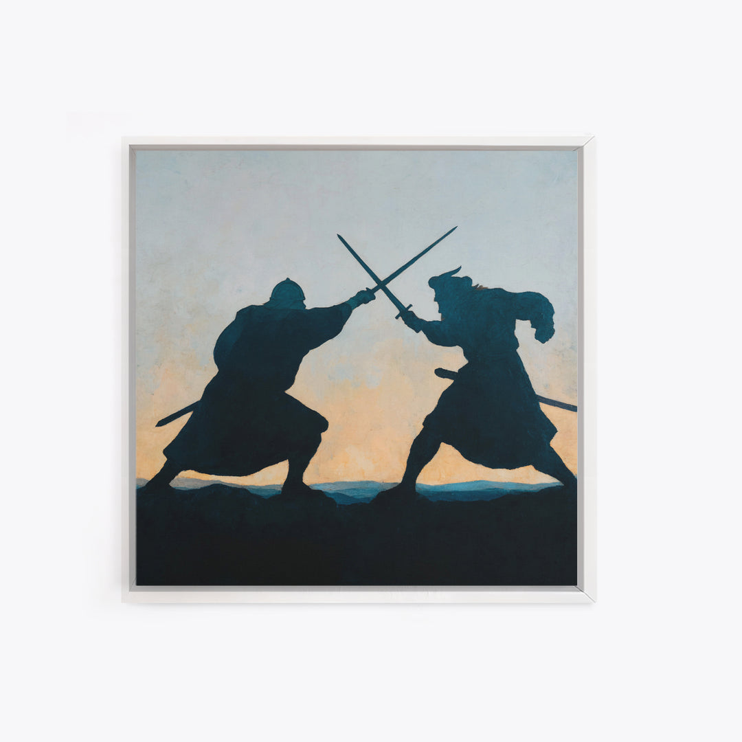 Silhouette Sword Duel At Sunset Canvas Print, Medieval Warrior Wall Decor, Viking Battle Art, Minimalist Masculine Gift For Him