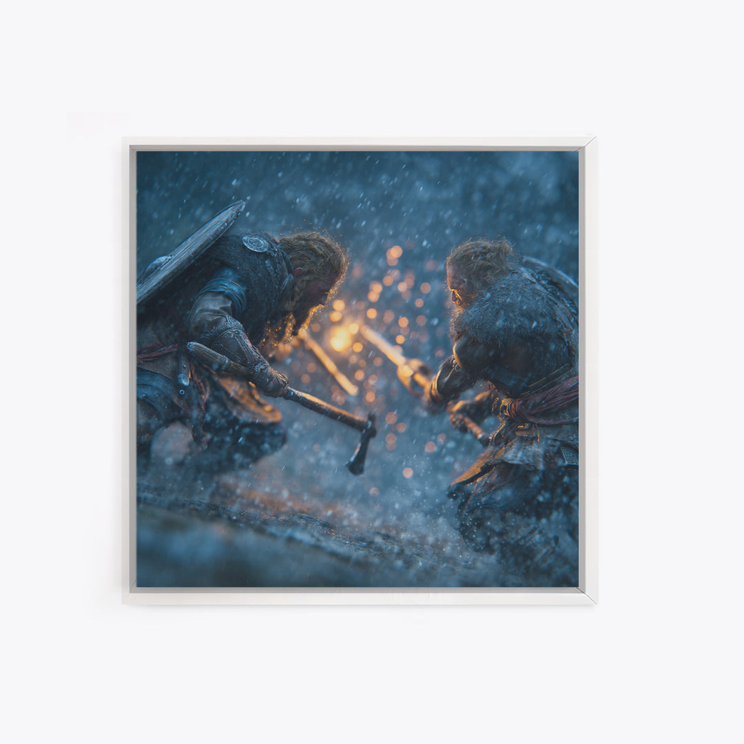 Snowy Viking Duel With Axes Wall Art, Norse Battle Canvas Print, Dark Fantasy Decor, Action Artwork, Gift For Him, Nordic Decor