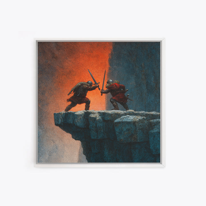Cliffside Sword Duel Wall Art, Medieval Warriors Battle At Sunset, Dark Fantasy Canvas Print For Game Room And Office Decor