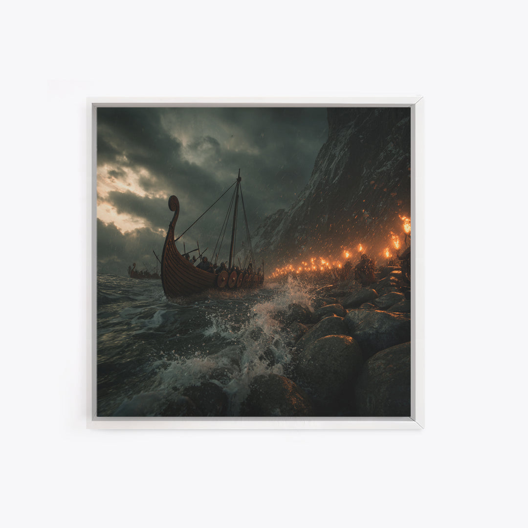 Viking Longship Stormy Shore Framed Canvas Print, Norse Seascape, Dark Fantasy Wall Decor, Masculine Office Art, Viking Wall Art