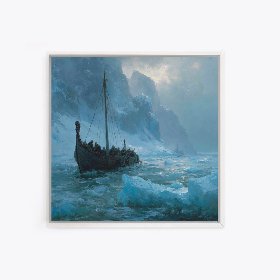 Viking Longship In Icy Fjord, Arctic Seascape Wall Art, Norse Landscape Canvas Print, Coastal Winter Decor, Gift For Him