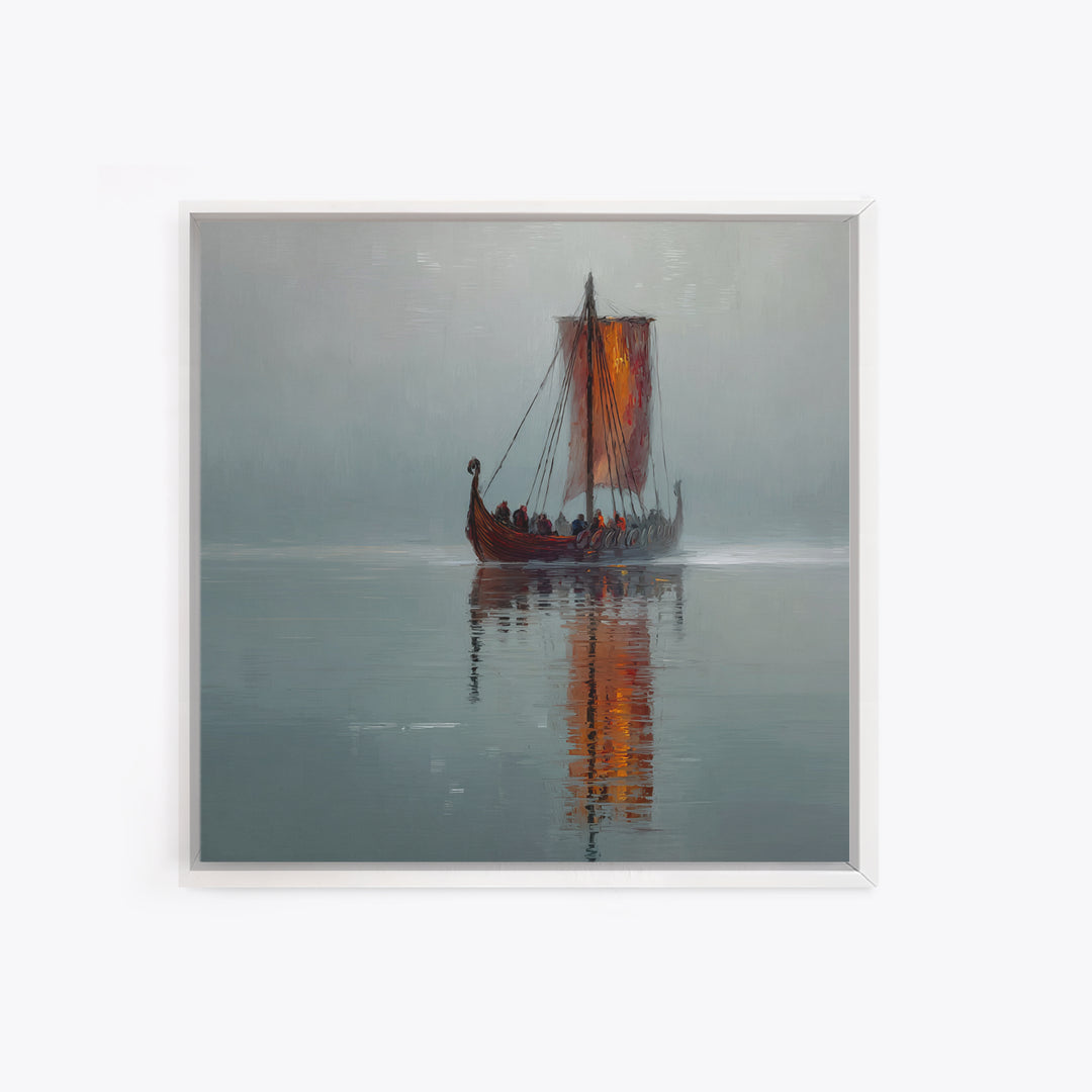 Misty Viking Longship With Red Sail Canvas Print, Nordic Seascape Oil Painting, Nautical Wall Decor, Scandinavian Art, Home Decor