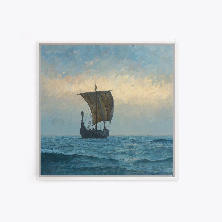 Viking Longship On Stormy Sea Canvas Print, Nautical Fantasy Art, Ocean Landscape Painting, Nordic Coastal Home Decor Gift For Him