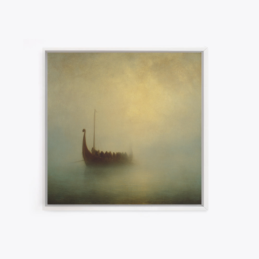 Foggy Viking Longship On Quiet Sea Canvas Print, Nautical Wall Art, Seascape Art, Nordic Art Print, Coastal Home Decor, Wall Decor