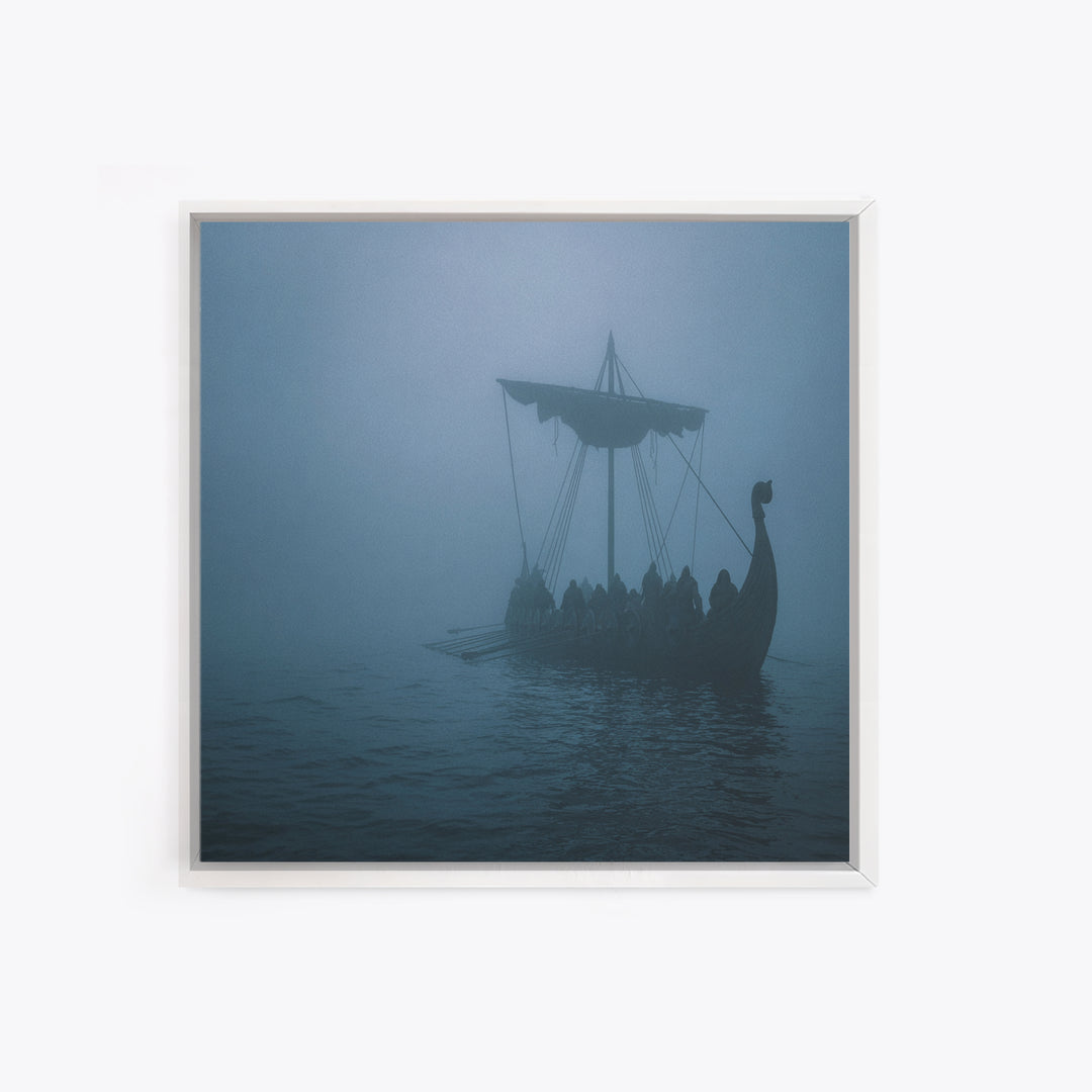 Foggy Viking Longship Wall Art, Nautical Fantasy Canvas Print, Moody Seascape, Nordic Decor, Rustic Coastal Gift For Him