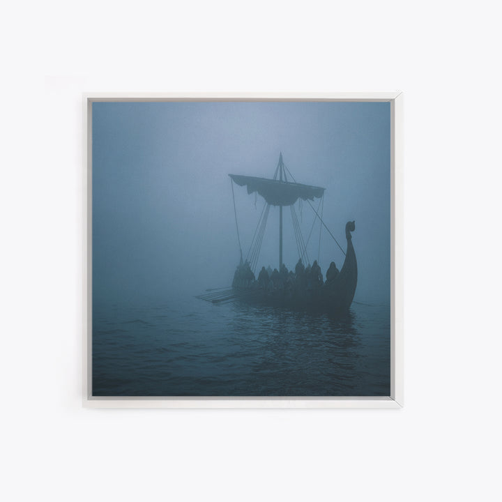 Foggy Viking Longship Wall Art, Nautical Fantasy Canvas Print, Moody Seascape, Nordic Decor, Rustic Coastal Gift For Him