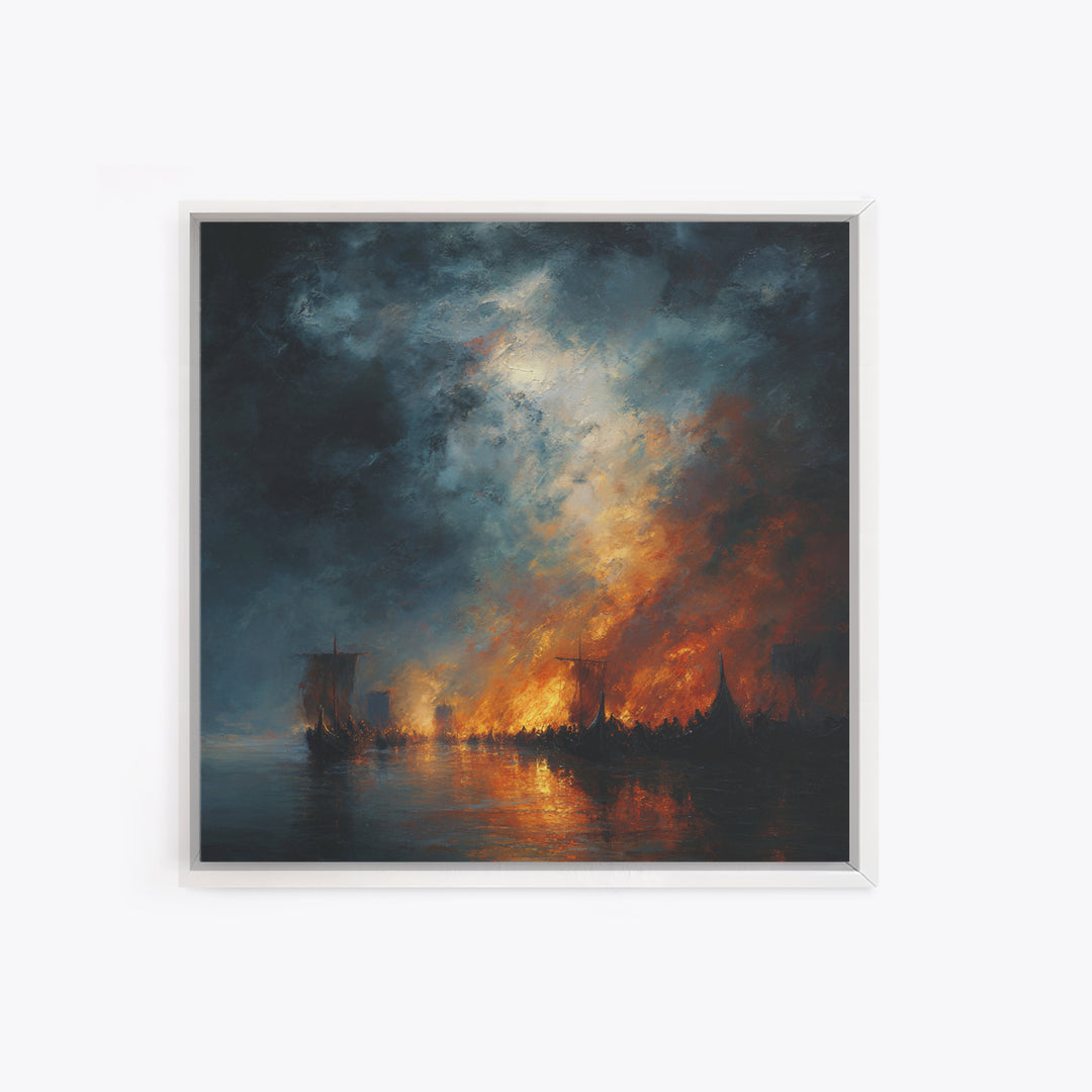 Burning Harbor Ships At Night Wall Art, Moody Seascape Painting, Dramatic Ocean Canvas Art, Dark Coastal Living Room Decor