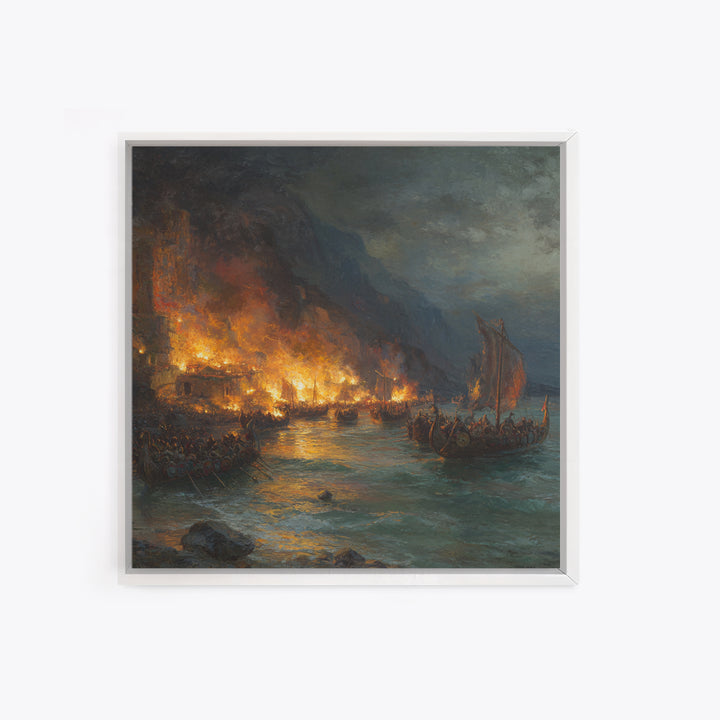 Burning Harbor With Viking Longships Framed Canvas Print, Seascape Art, Historical Wall Art, Dark Nautical Decor, Man Cave Decor