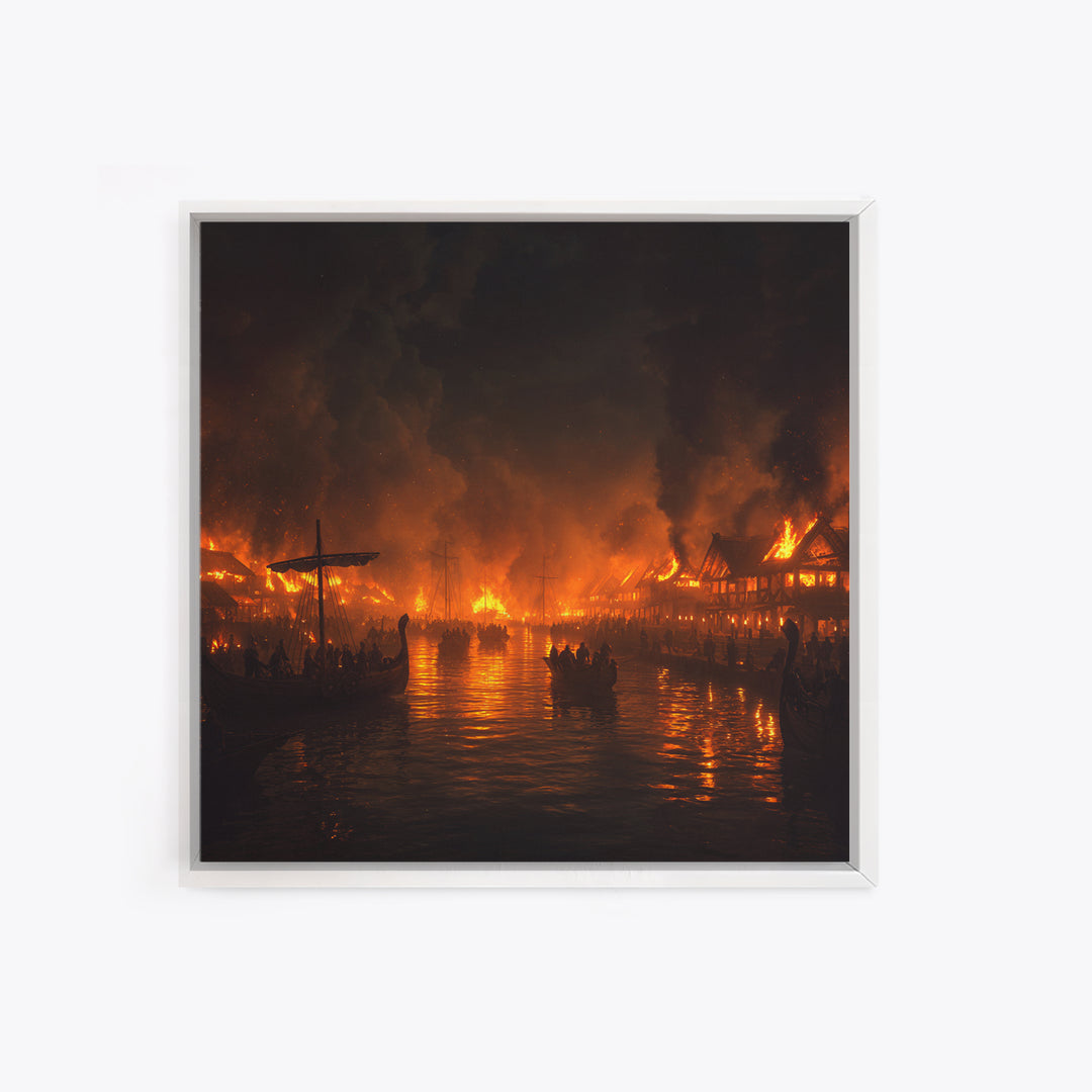 Burning Medieval Harbor And Viking Ships Wall Art, Dark Fantasy Fire Painting, Dramatic Historical Canvas Home Decor, Luxury Wall Decor