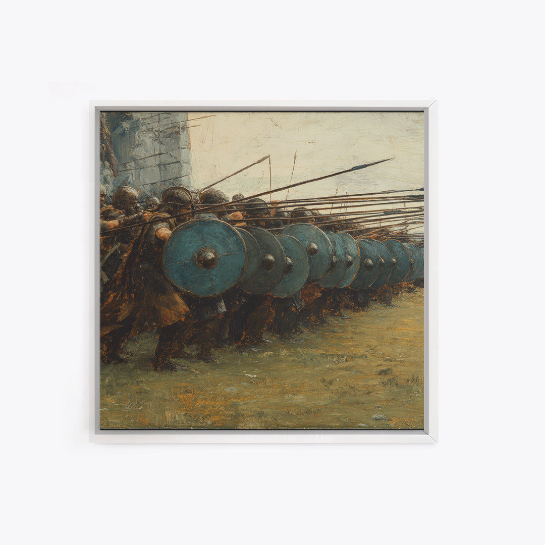 Ancient Shield Wall Soldiers Canvas Print, Greek Battle Formation Oil Painting, Masculine Wall Art For Office Decor Gift