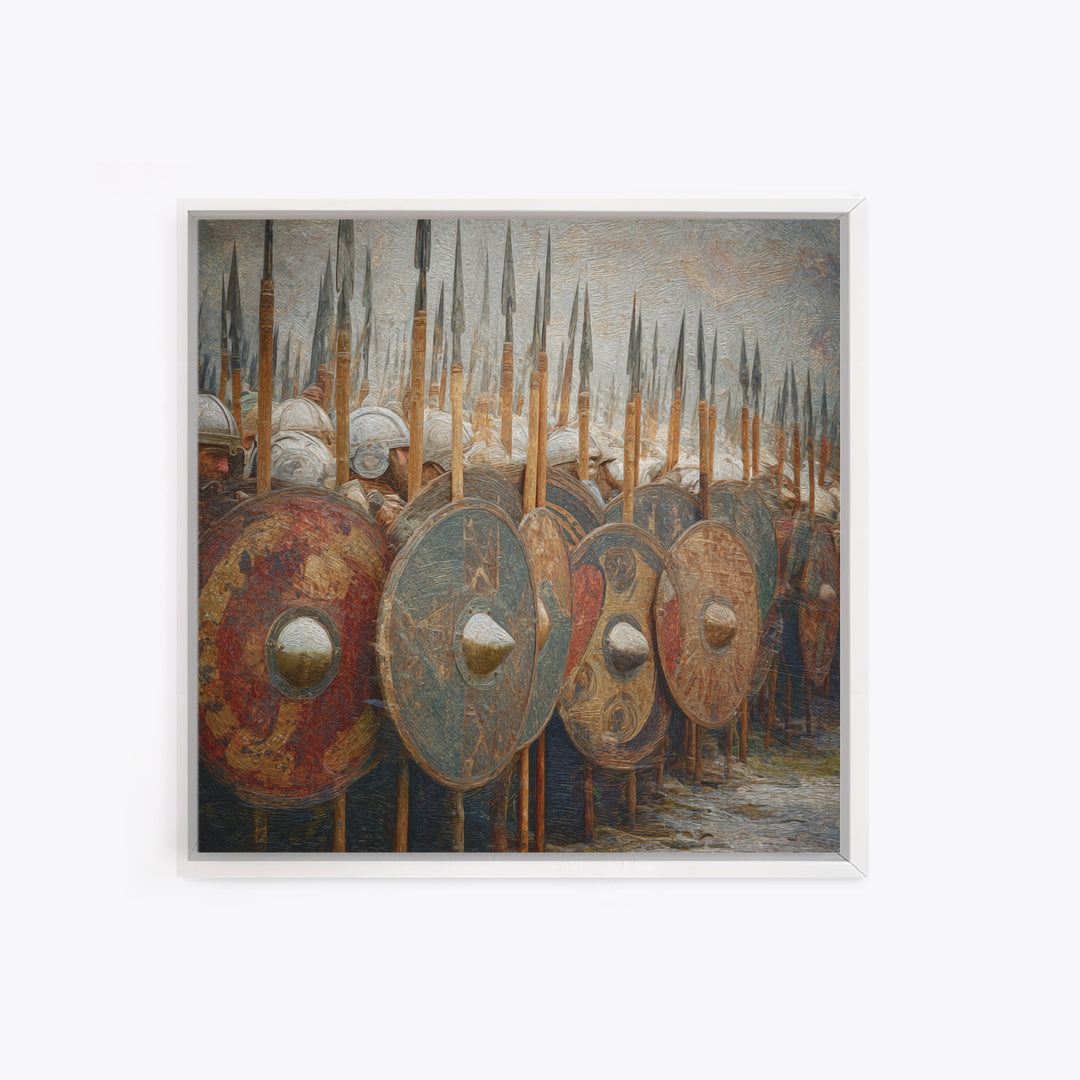 Ancient Shield Wall With Spears Canvas Print, Greek Hoplite Army Wall Art, Historical Battle Decor, Textured Oil Painting
