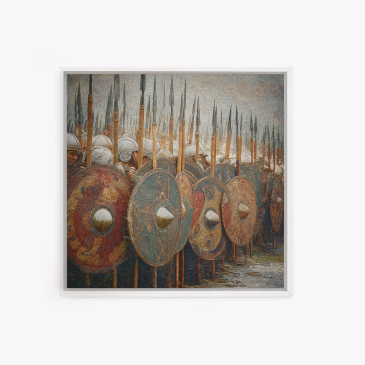 Ancient Shield Wall With Spears Canvas Print, Greek Hoplite Army Wall Art, Historical Battle Decor, Textured Oil Painting