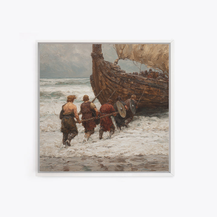 Viking Longship Landing On Stormy Shore Canvas Print, Norse Seascape Oil Painting, Nautical Coastal Wall Decor For Living Room