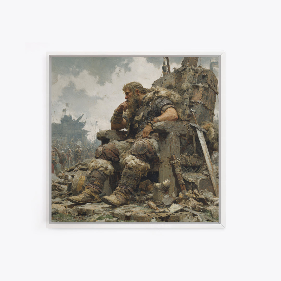 Viking Chieftain On Ruined Throne Framed Canvas Print, Norse Warrior Oil Painting, Rustic Medieval Wall Decor, Gift For Him