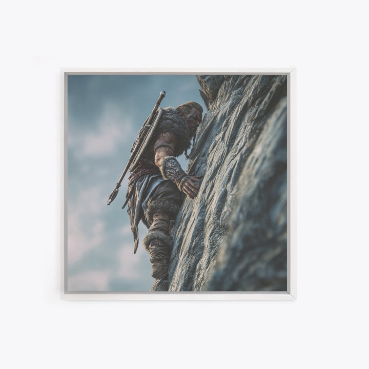Viking Cliff Climber Warrior Wall Art, Norse Fantasy Canvas Print, Adventure Decor, Mountain Artwork, Gift For Him, Rustic Home Decor