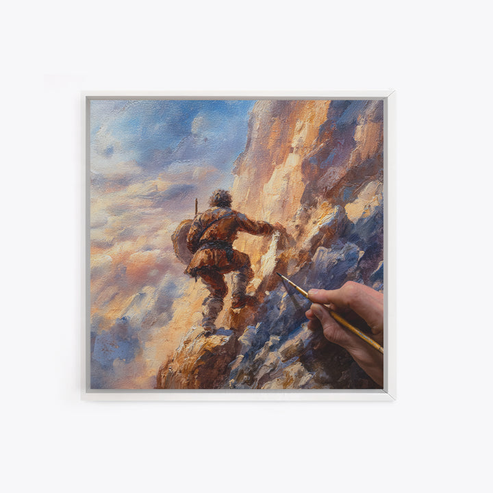 Mountain Climber Adventure Wall Art, Painterly Alpine Oil Painting, Rugged Landscape Canvas Print, Gift For Adventurer Decor