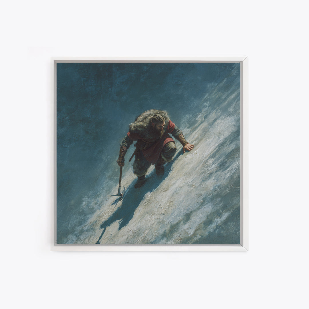 Lone Viking Climbing Icy Mountain Wall Art, Nordic Warrior Oil Painting, Dark Adventure Landscape Office Decor Gift For Him