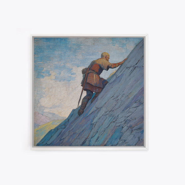 Lone Viking Climbing Icy Mountain Canvas Print, Fantasy Adventure Landscape Art, Nordic Wall Decor, Motivational Office Art