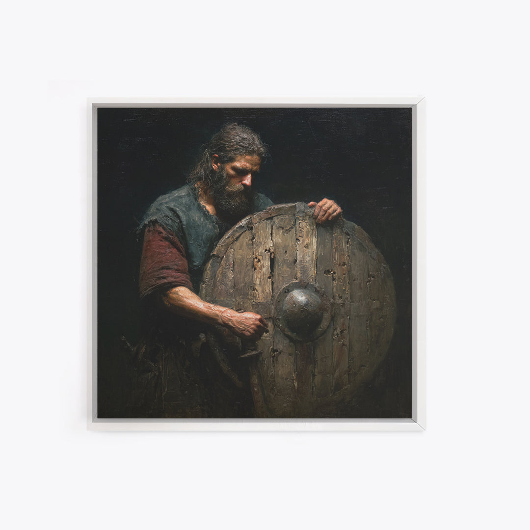 Bearded Warrior Holding Weathered Wooden Shield Canvas Print, Rustic Wall Art, Viking Art, Dark Academia Decor, Gift For Him