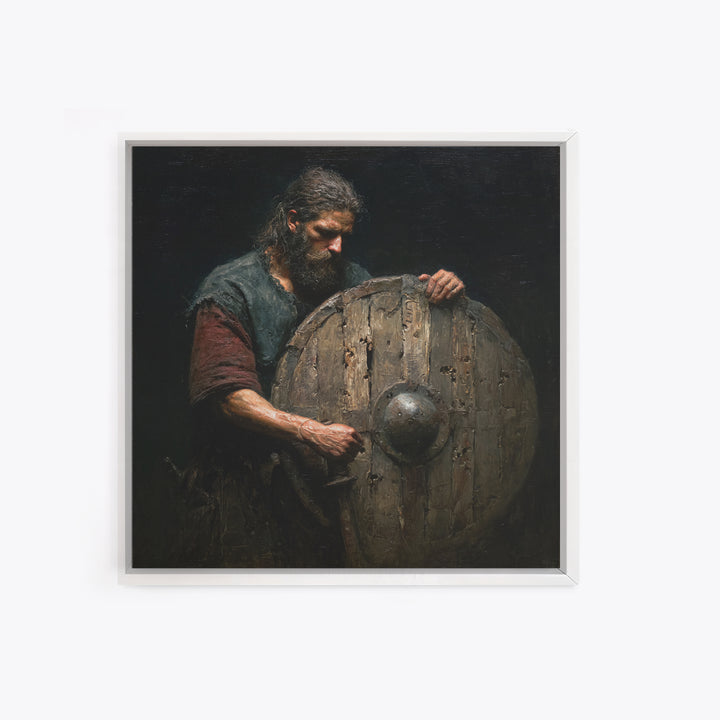Bearded Warrior Holding Weathered Wooden Shield Canvas Print, Rustic Wall Art, Viking Art, Dark Academia Decor, Gift For Him