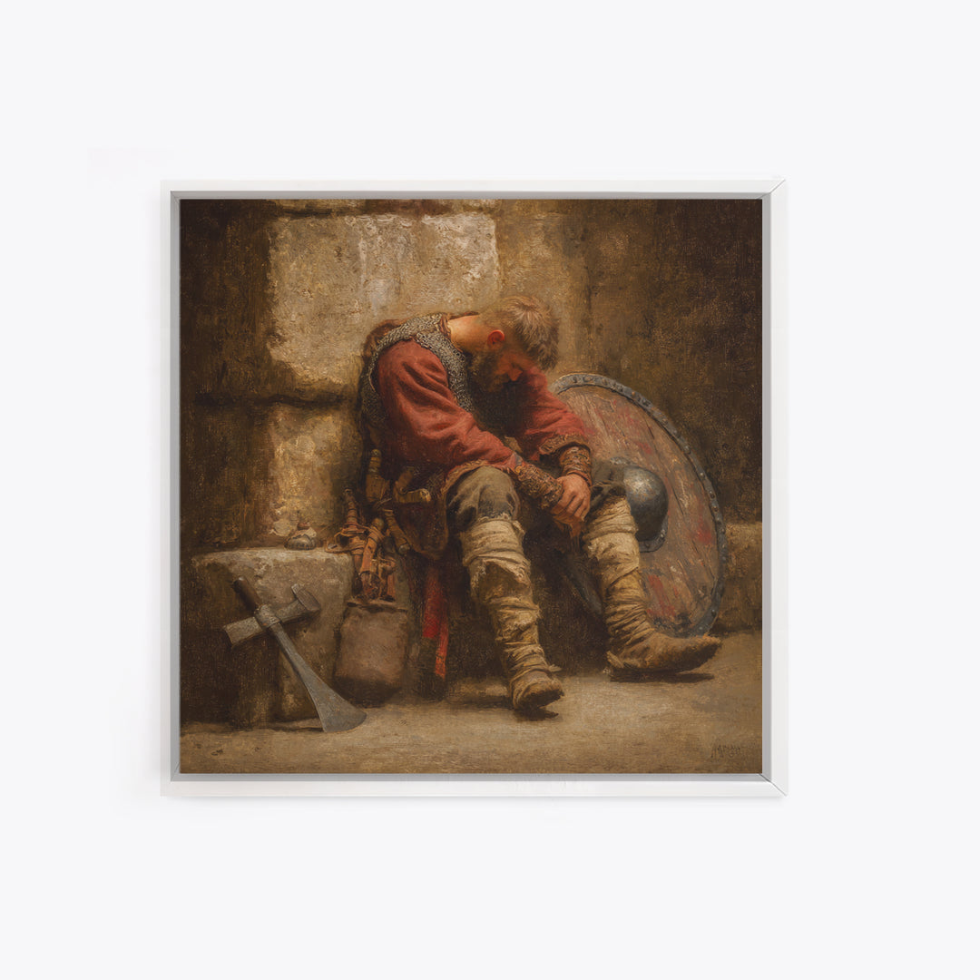 Exhausted Viking Warrior Wall Art, Medieval Shield And Axe Painting, Rustic Historical Canvas Print For Man Cave And Office Decor