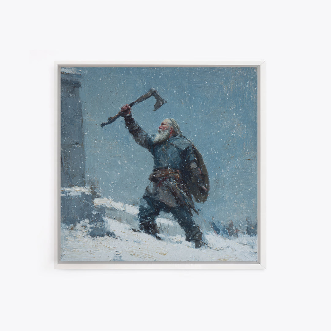 Snowy Viking Warrior Raising Axe Canvas Print, Norse Wall Art, Winter Landscape Art, Rustic Home Decor, Gift For Him, Cabin Decor