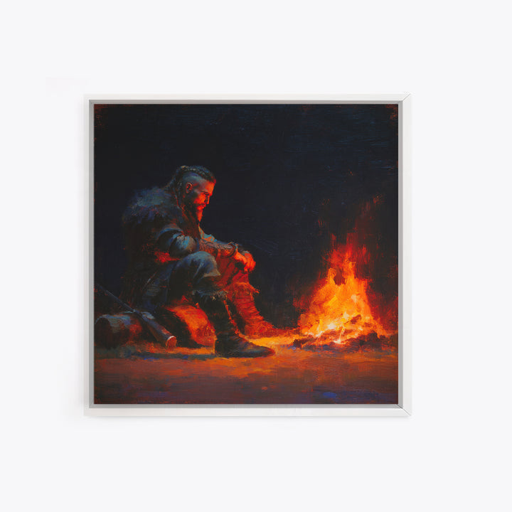 Viking Warrior Beside Fire Framed Canvas Print, Dark Fantasy Art, Nordic Wall Decor, Masculine Man Cave Office Decor Gift For Him