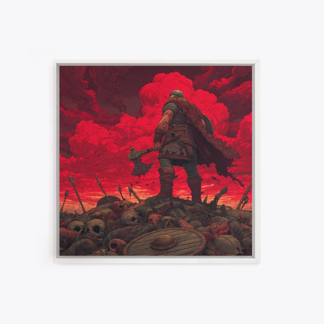 Viking Warrior On Skull Battlefield, Red Apocalypse Wall Art, Norse Fantasy Canvas Print, Dark Masculine Decor, Gift For Him
