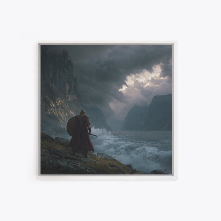 Viking Warrior Over Stormy Fjord Wall Art, Nordic Landscape Canvas Print, Moody Seascape, Nautical Decor, Gift For Him, Coastal Wall Art