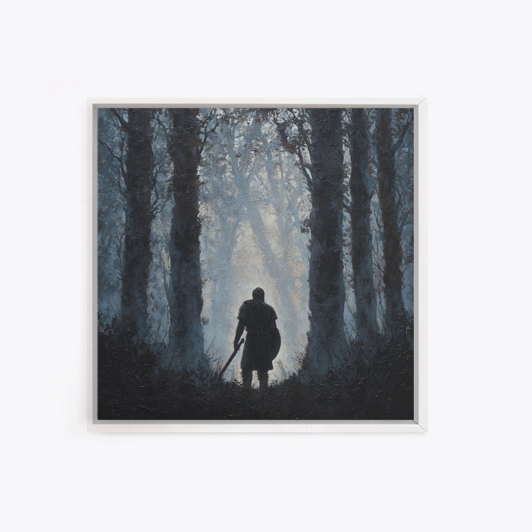 Dark Warrior In Misty Forest Wall Art, Medieval Fantasy Oil Painting, Moody Landscape Print, Gothic Home Decor Gift For Him