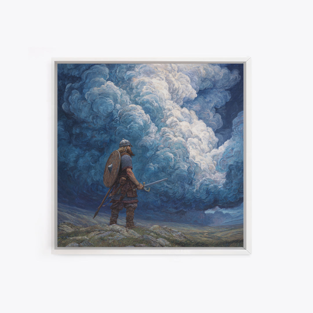 Viking Warrior Beneath Storm Clouds Wall Art, Nordic Fantasy Landscape, Dramatic Blue Canvas Print, Masculine Rustic Decor