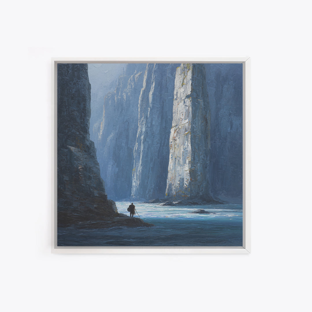 Lone Traveler In Blue Canyon Canvas Print, Misty Cliff Landscape Painting, Moody Nature Wall Art For Living Room Decor Gift