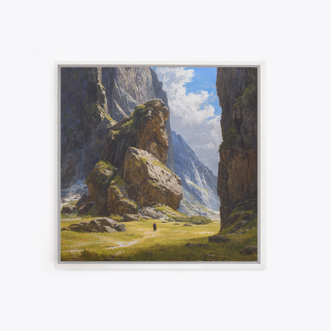 Majestic Alpine Canyon With Lone Traveler Wall Art, Mountain Landscape Painting, Nature Canvas Decor, Large Living Room Art