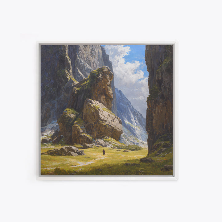 Majestic Alpine Canyon With Lone Traveler Wall Art, Mountain Landscape Painting, Nature Canvas Decor, Large Living Room Art
