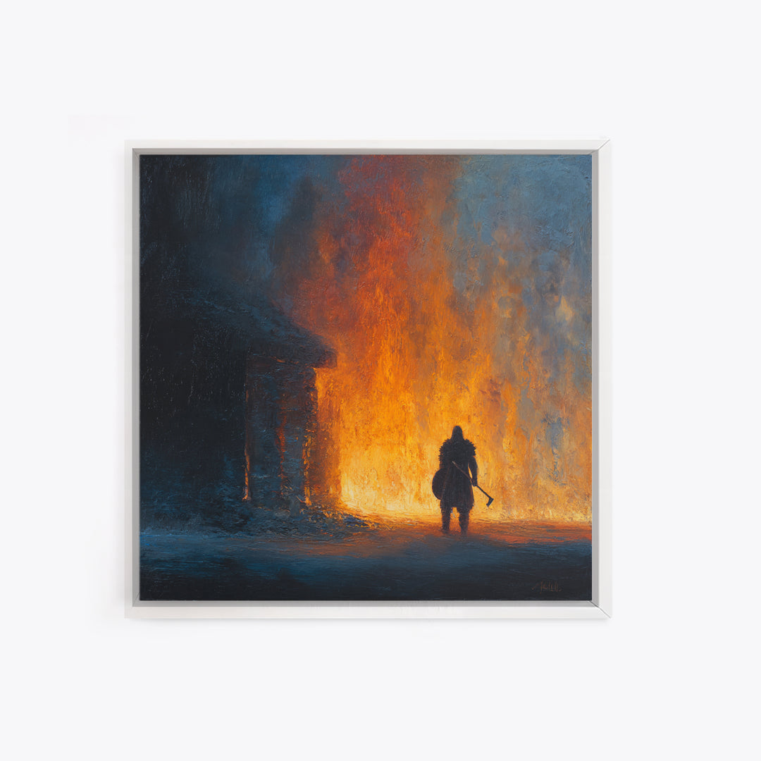 Lone Warrior Before Blazing Hall Wall Art, Dark Fantasy Fire Painting, Medieval Battle Decor, Moody Canvas Art Gift For Him
