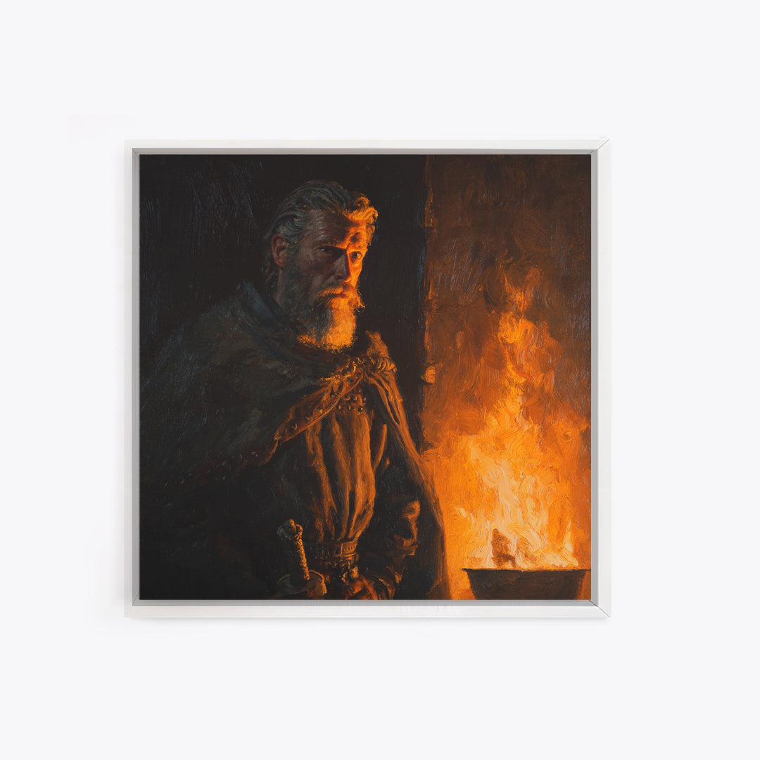 Bearded Viking By Firelight, Moody Warrior Portrait Wall Art, Norse Framed Canvas Print, Rustic Masculine Decor, Gift For Him