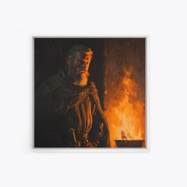 Bearded Viking By Firelight, Moody Warrior Portrait Wall Art, Norse Framed Canvas Print, Rustic Masculine Decor, Gift For Him