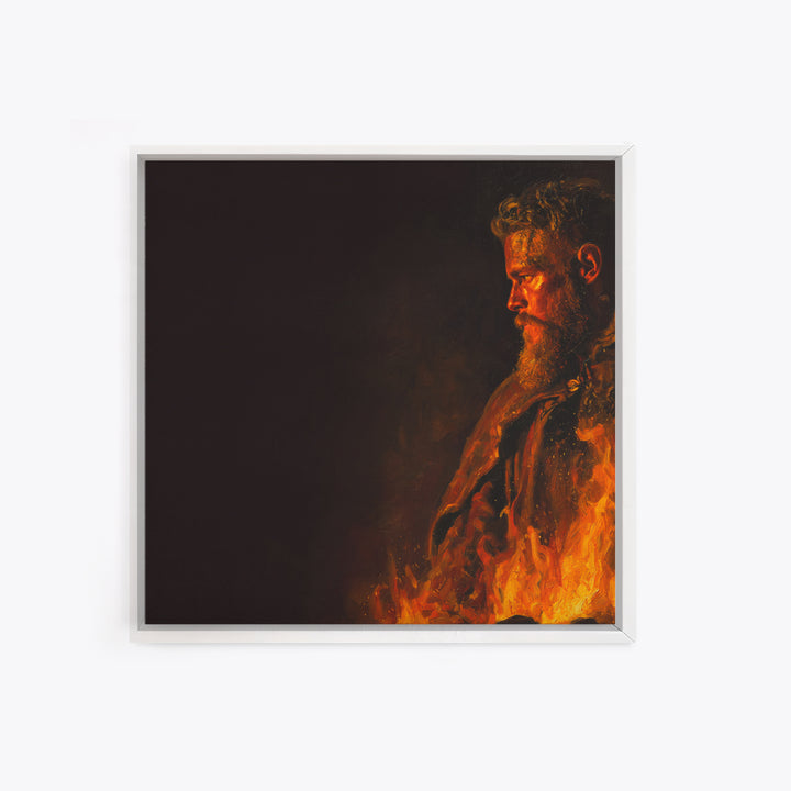 Fiery Viking Warrior Portrait Canvas Print, Bold Dark Norse Painting, Masculine Wall Art, Moody Fantasy Decor Gift For Him