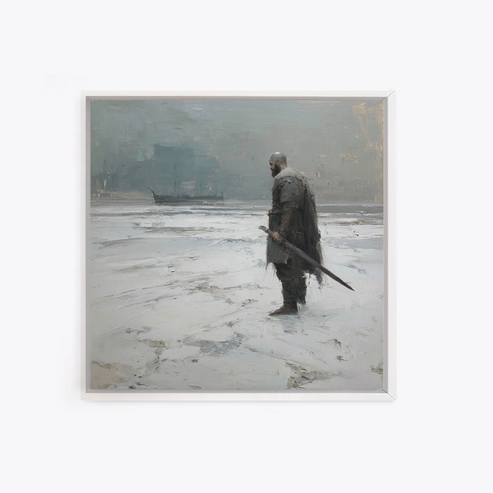 Lone Warrior With Sword In Snow Framed Canvas Print, Nordic Winter Landscape, Moody Wall Art, Dark Fantasy Office Decor Gift